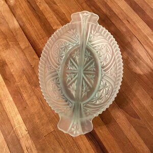 Blue Frosted Satin Glass Candy Relish Dish Bars and Stars Pattern Anchor Hocking